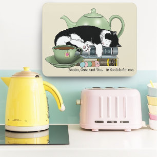 Cozy Books Cat Tuxedo Tea Cute Green Teapot Reader Door Sign