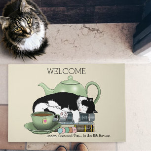 Cozy Books Cat Tuxedo Tea Cute Green Teapot Reader Doormat