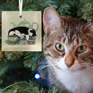 Cozy Books Cat Tuxedo Tea Cute Green Teapot Reader Glass Ornament