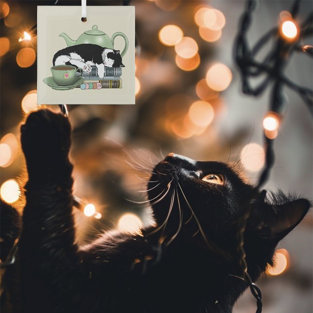 Cozy Books Cat Tuxedo Tea Cute Green Teapot Reader Glass Ornament (Creator Uploaded)