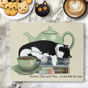 Cozy Books Cat Tuxedo Tea Cute Green Teapot Reader Jigsaw Puzzle
