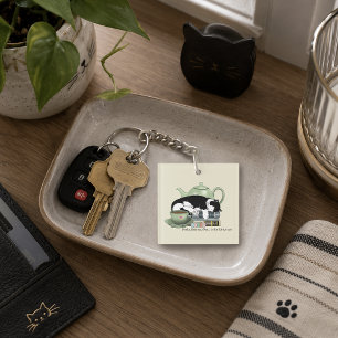 Cozy Books Cat Tuxedo Tea Cute Green Teapot Reader Keychain