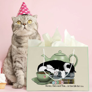 Cozy Books Cat Tuxedo Tea Cute Green Teapot Reader Large Gift Bag