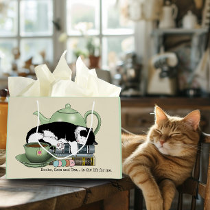 Cozy Books Cat Tuxedo Tea Cute Green Teapot Reader Large Gift Bag
