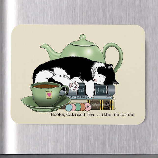 Cozy Books Cat Tuxedo Tea Cute Green Teapot Reader Magnet (Creator Uploaded)