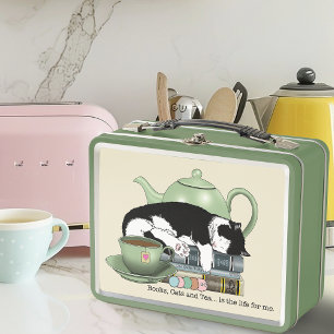Cozy Books Cat Tuxedo Tea Cute Green Teapot Reader Metal Lunch Box