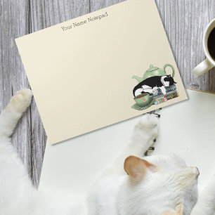 Cozy Books Cat Tuxedo Tea Cute Green Teapot Reader Notepad