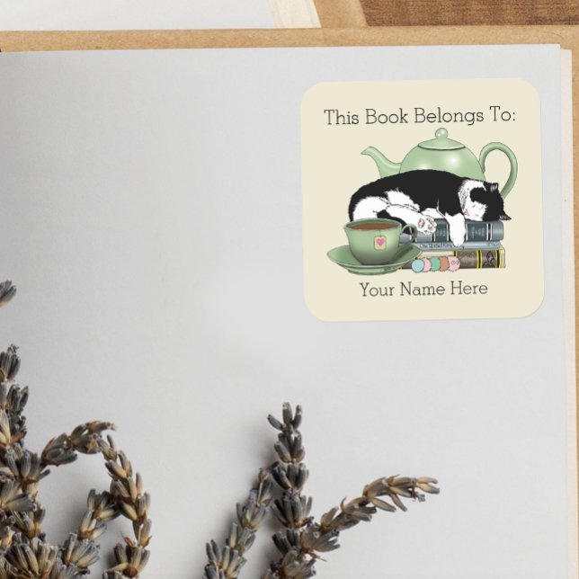 Cozy Books Cat Tuxedo Tea Cute Green Teapot Reader Square Sticker (Creator Uploaded)