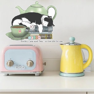 Cozy Books Cat Tuxedo Tea Cute Green Teapot Reader Sticker