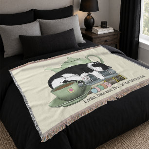 Cozy Books Cat Tuxedo Tea Cute Green Teapot Reader Throw Blanket