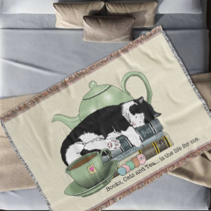 Cozy Books Cat Tuxedo Tea Cute Green Teapot Reader Throw Blanket