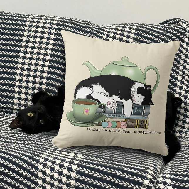 Cozy Books Cat Tuxedo Tea Cute Green Teapot Reader Throw Pillow (Creator Uploaded)