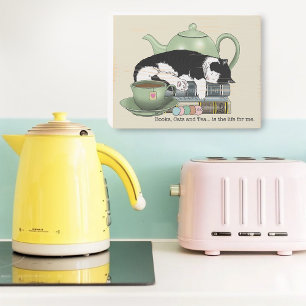 Cozy Books Cat Tuxedo Tea Cute Green Teapot Reader Wooden Box Sign