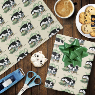 Cozy Books Cat Tuxedo Tea Cute Green Teapot Reader Wrapping Paper
