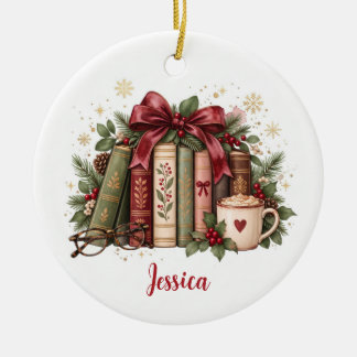 Cozy Books Christmas Custom Name 2026 Ceramic Ornament