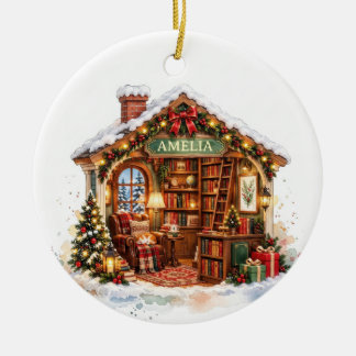 Cozy Bookshop Christmas Custom Name 2026 Ceramic Ornament