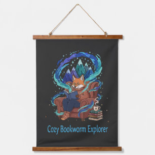 Cozy Bookworm Explorer Whimsical Fox Reading Hanging Tapestry