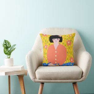 Cozy Bookworm Folk Art Reading Girl Throw Pillow