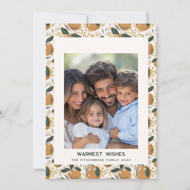 Cozy Botanical Orange Holiday Photo Card (Front)