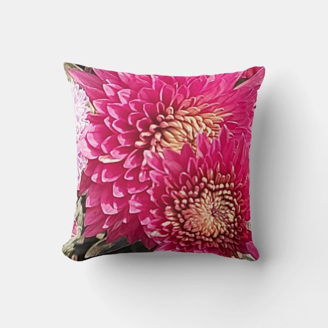 Cozy Bright Pink Chrysanthemum Flowers Pillow (Front)