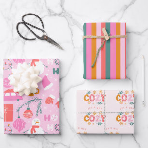 Cozy Bright Pink Snowman Christmas Wrapping Paper Sheets