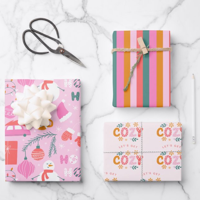 Cozy Bright Pink Snowman Christmas Wrapping Paper Sheets (Front)