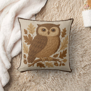 cozy Brown embroidery Autumn owl & fall leaves Throw Pillow