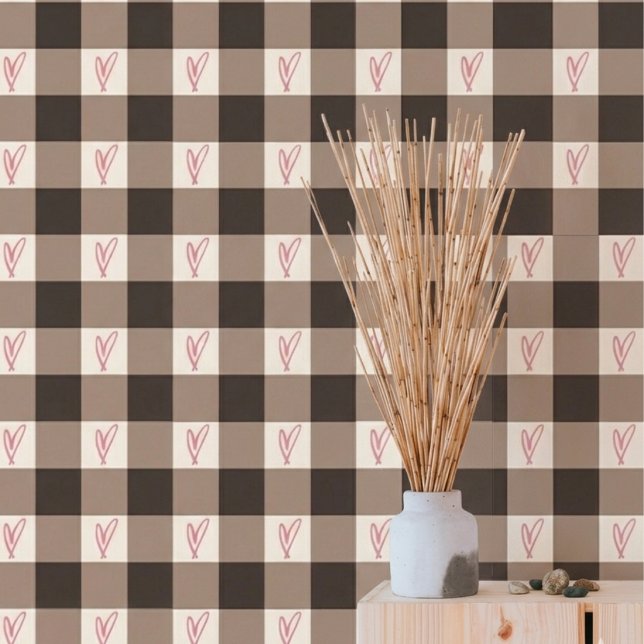 Cozy Brown Gingham Plaid Hearts Pattern Wallpaper (Creator Uploaded)