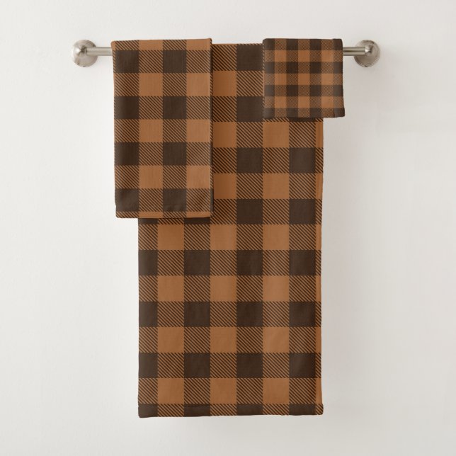 Cozy Brown Plaid Buffalo Print Pattern Bath Towel Set (Insitu)
