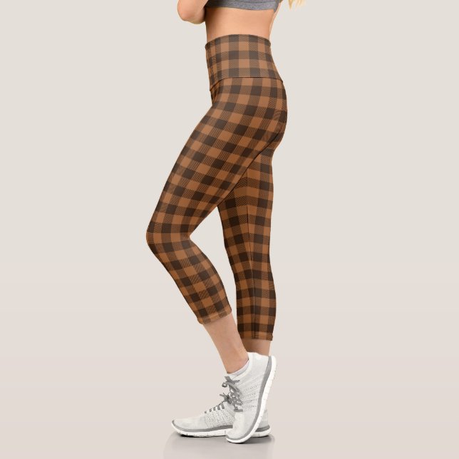 Cozy Brown Plaid Buffalo Print Pattern Capri Leggings (Left)