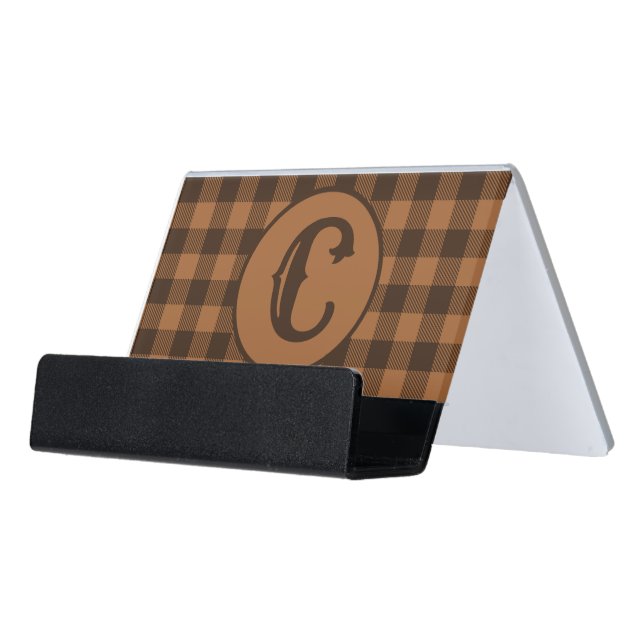 Cozy Brown Plaid Buffalo Print Pattern Desk Business Card Holder (Angled Front)
