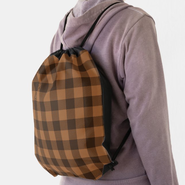 Cozy Brown Plaid Buffalo Print Pattern Drawstring Bag (Insitu)