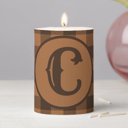 Cozy Brown Plaid Buffalo Print Pattern Pillar Candle