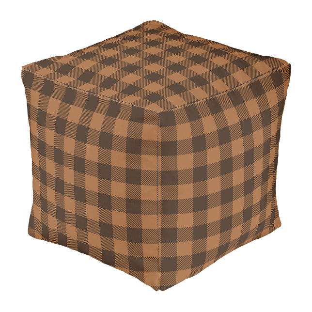 Cozy Brown Plaid Buffalo Print Pattern Pouf (Angled Front)