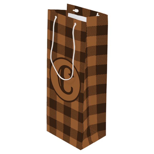Cozy Brown Plaid Buffalo Print Pattern Wine Gift Bag (Front Angled)