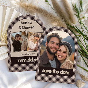 Cozy Brown Plaid Retro Arch Multi Photo Wedding Save The Date