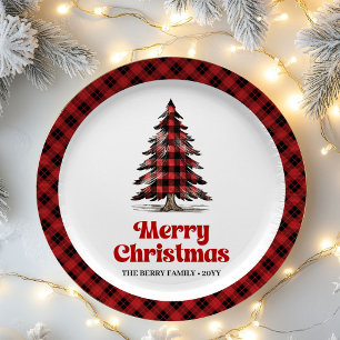 Cozy Buffalo Plaid Christmas Family Name Paper  Plates