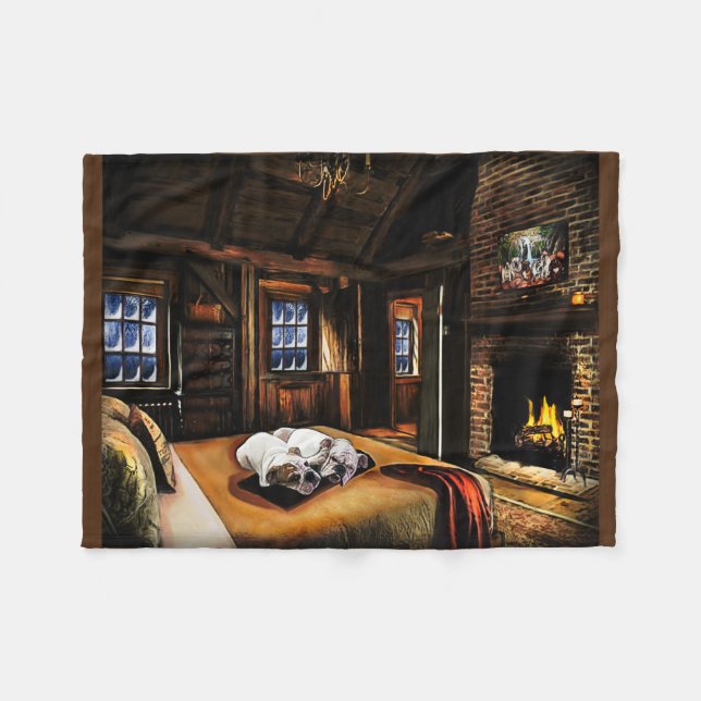 Cozy Bulldogs in a Cabin Fleece Blanket (Front (Horizontal))