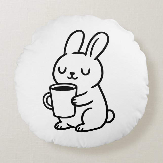 Cozy Bunny Coffee Doodle Round Pillow (Front)