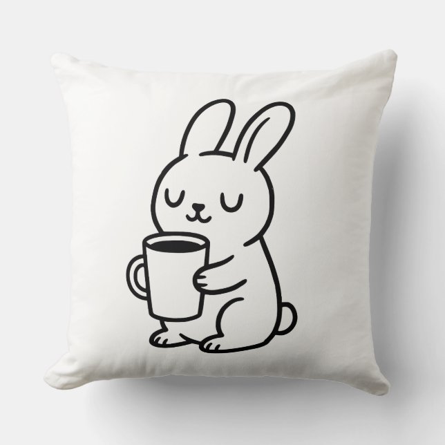 Cozy Bunny Coffee Doodle Throw Pillow (Front)