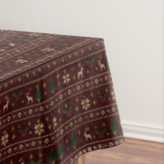 Cozy Burgundy Fair Isle Reindeer Knit Pattern Tablecloth