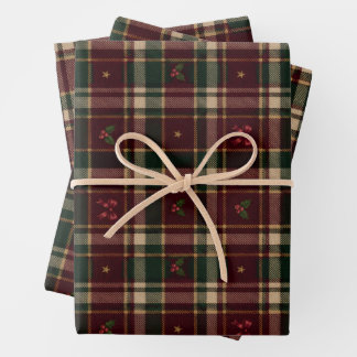 Cozy Burgundy Holly Bow Christmas Tartan Plaid Wrapping Paper Sheets