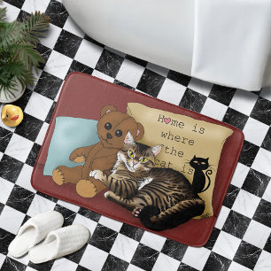 Cozy Burgundy Whimsical Tabby Cat Home Bathroom Mat