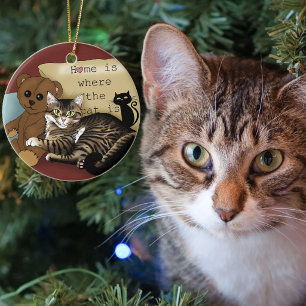 Cozy Burgundy Whimsical Tabby Cat Home Ceramic Ornament