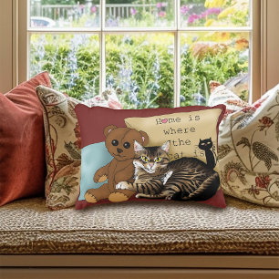 Cozy Burgundy Whimsical Tabby Cat Home Decorative Pillow