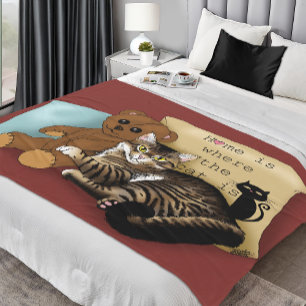 Cozy Burgundy Whimsical Tabby Cat Home Fleece Blanket