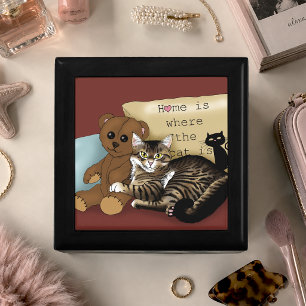 Cozy Burgundy Whimsical Tabby Cat Home Jewelry Box