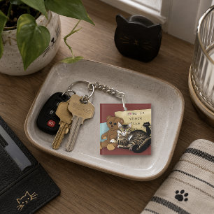 Cozy Burgundy Whimsical Tabby Cat Home Keychain