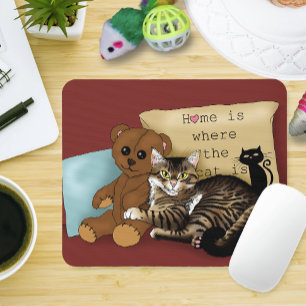 Cozy Burgundy Whimsical Tabby Cat Home Mouse Pad