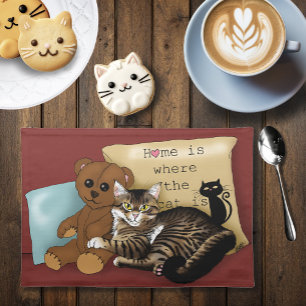 Cozy Burgundy Whimsical Tabby Cat Home Placemat